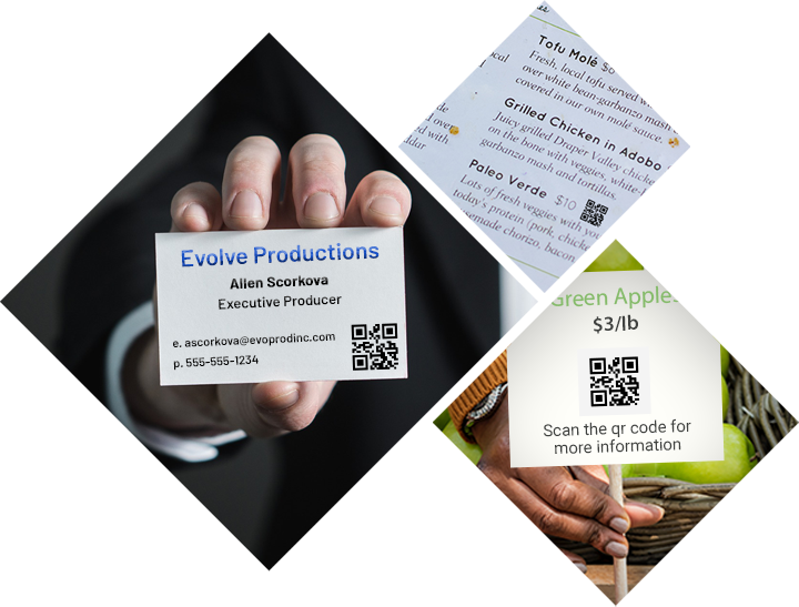 QR Examples in the Real World; Business cards, menus, produce label